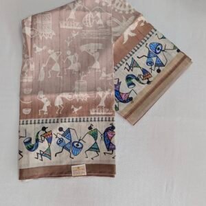 semi kosa silk saree – warli tribal art with vibrant accents